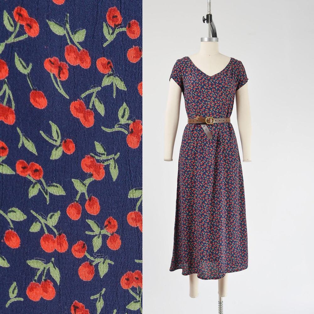 Vintage 90s Navy Cherry Print Flared A-line Ankle Length Dress S